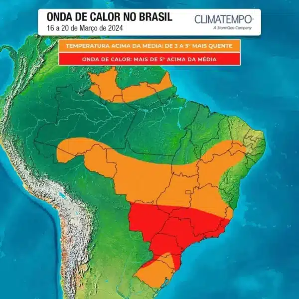 Ilustração do mapa brasileiro indicando onda de altas temperaturas de Norte a Sul do país.