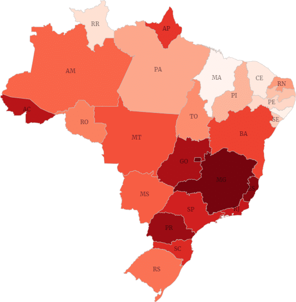 Mapa do brasil e casos de dengue por 100 habitantes 